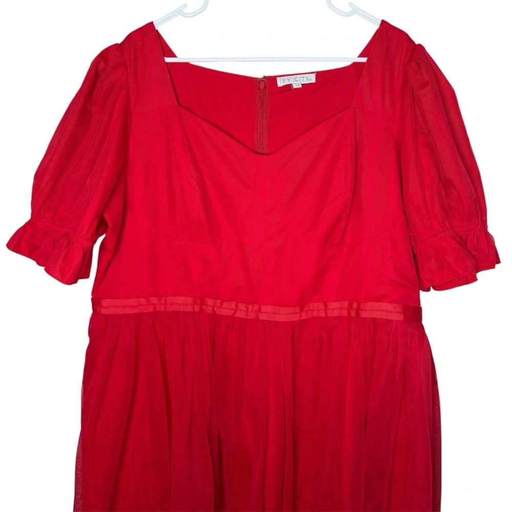 Ivy City Co. Ballerina Midi Dress in Red Size 3X Tulle Puff Sleeve Fit & Flare